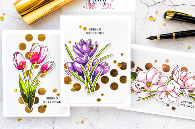 Pretty Pink Posh | Spring Tulips Copic Colored Greetings cards by Yana Smakula Featuring: Magnolia Flowers and Crocus Flowers stamp sets from Pretty Pink Posh #PrettyPinkPosh #Cardmaking #Stamping #CopicColoring