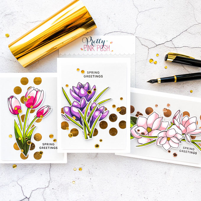 Pretty Pink Posh | Spring Tulips Copic Colored Greetings cards by Yana Smakula Featuring: Magnolia Flowers and Crocus Flowers stamp sets from Pretty Pink Posh #PrettyPinkPosh #Cardmaking #Stamping #CopicColoring