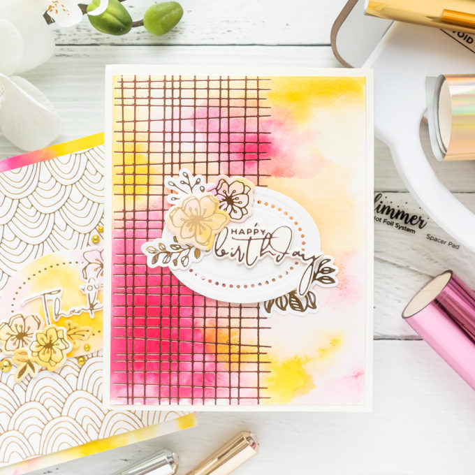 Hot Foil Stamping & Watercolor techniques combined with Spellbinders Glimmer Hot Foil System and Jane Davenport Mermaid Markers. Video tutorial by Yana Smakula #cardmaking #handmadecards #GlimmerHotFoilStaming #NeverStopMaking