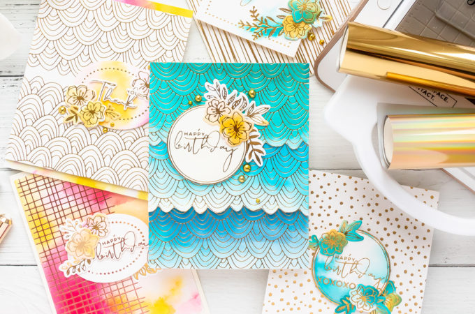 Hot Foil Stamping & Watercolor techniques combined with Spellbinders Glimmer Hot Foil System and Jane Davenport Mermaid Markers. Video tutorial by Yana Smakula #cardmaking #handmadecards #GlimmerHotFoilStaming #NeverStopMaking