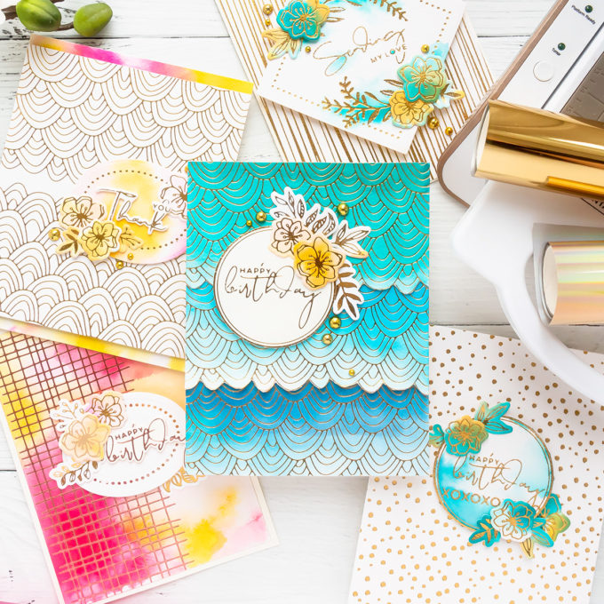 Hot Foil Stamping & Watercolor techniques combined with Spellbinders Glimmer Hot Foil System and Jane Davenport Mermaid Markers. Video tutorial by Yana Smakula #cardmaking #handmadecards #GlimmerHotFoilStaming #NeverStopMaking