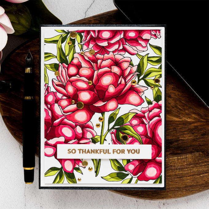 My Favorite Things | Blending Free Coloring with Peony Perfection stamp set. Video tutorial by Yana Smakula #mftstamps #cardmaking #copiccoloring