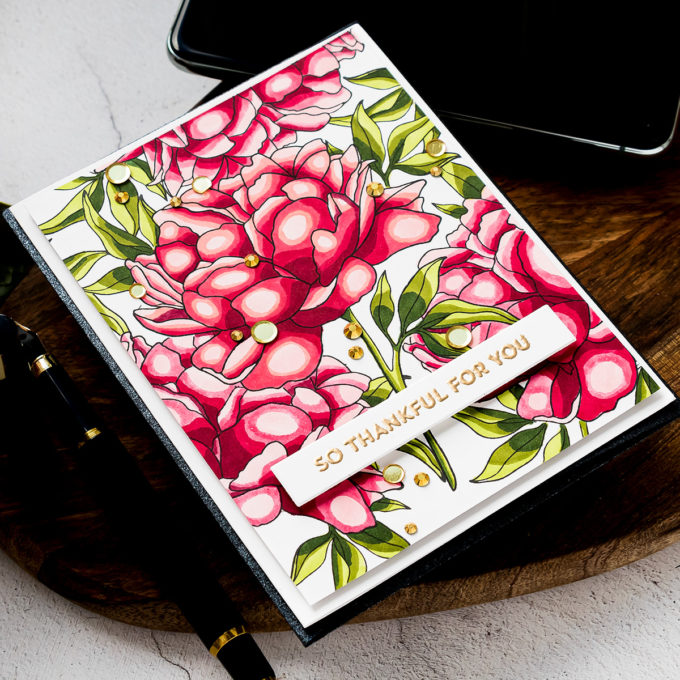 My Favorite Things | Blending Free Coloring with Peony Perfection stamp set. Video tutorial by Yana Smakula #mftstamps #cardmaking #copiccoloring