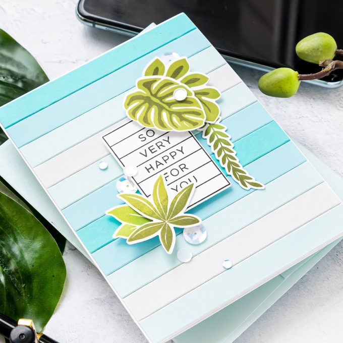 Simon Says Stamp | Tropical Stripes - Happy For You Card by Yana Smakula featuring CZ Design Stamps and Dies HAPPY DAYS set386hd and TROPICAL LEAVES SSS101620 #cardmaking #simonsaysstamp #copiccoloring #copicmarkers #handmadecard #SSSSendHappiness #SSSendACard #SSSUnitedWeCraft