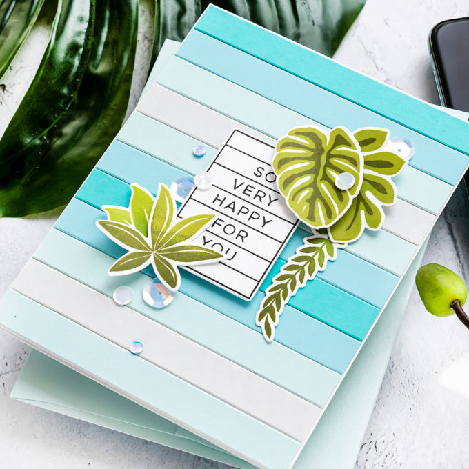 Simon Says Stamp | Tropical Stripes - Happy For You Card by Yana Smakula featuring CZ Design Stamps and Dies HAPPY DAYS set386hd and TROPICAL LEAVES SSS101620 #cardmaking #simonsaysstamp #copiccoloring #copicmarkers #handmadecard #SSSSendHappiness #SSSendACard #SSSUnitedWeCraft