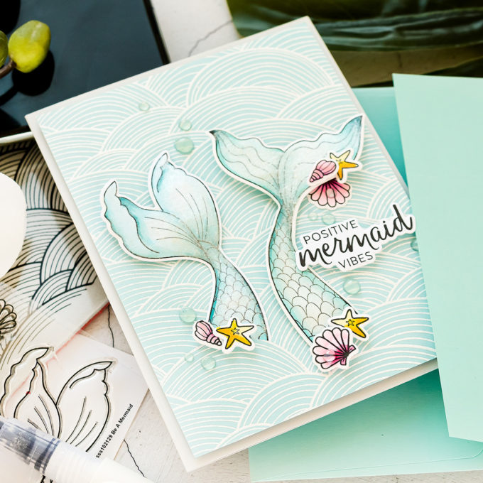 Simon Says Stamp | Positive Mermaid Vibes handmade card by Yana Smakula. Video tutorial #cardmaking #simonsaysstamp #ssssendacard #sssunitedwestand #SSSSendHappiness