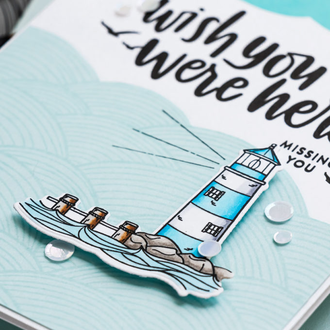 Simon Says Stamp | Wish You Were Here Card - Inspired by Book Cover featuring YOUR LIGHT sss101999, OUT TO SEA sss102127 and VACATION TIME sss101855 #SimonSaysStamp #Cardmaking #handmadecard #copiccoloring #stamping