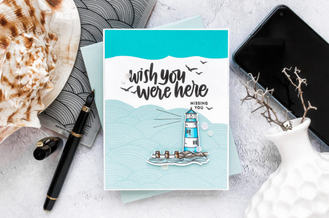 Simon Says Stamp | Wish You Were Here Card - Inspired by Book Cover featuring YOUR LIGHT sss101999, OUT TO SEA sss102127 and VACATION TIME sss101855 #SimonSaysStamp #Cardmaking #handmadecard #copiccoloring #stamping