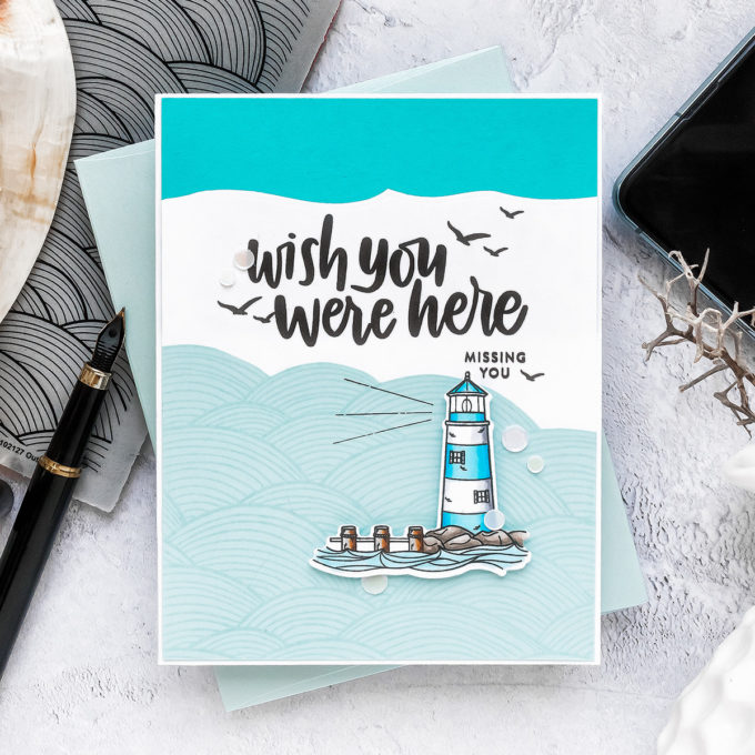 Simon Says Stamp | Wish You Were Here Card - Inspired by Book Cover featuring YOUR LIGHT sss101999, OUT TO SEA sss102127 and VACATION TIME sss101855 #SimonSaysStamp #Cardmaking #handmadecard #copiccoloring #stamping