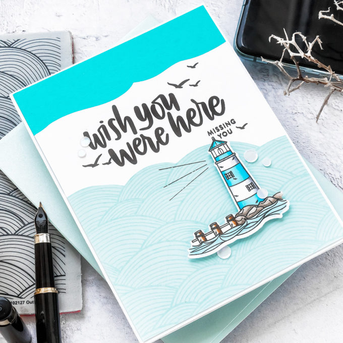 Simon Says Stamp | Wish You Were Here Card - Inspired by Book Cover featuring YOUR LIGHT sss101999, OUT TO SEA sss102127 and VACATION TIME sss101855 #SimonSaysStamp #Cardmaking #handmadecard #copiccoloring #stamping