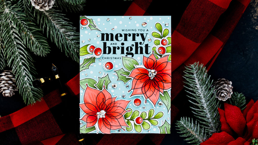 Simon Says Stamp | Copic Colored Poinsettias on Blue Christmas Card by Yana Smakula featuring WINTER FLOWERS SSS101660 #simonsaysstamp #cardmaking #christmascard