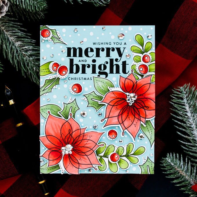 Simon Says Stamp | Copic Colored Poinsettias on Blue Christmas Card by Yana Smakula featuring WINTER FLOWERS SSS101660 #simonsaysstamp #cardmaking #christmascard