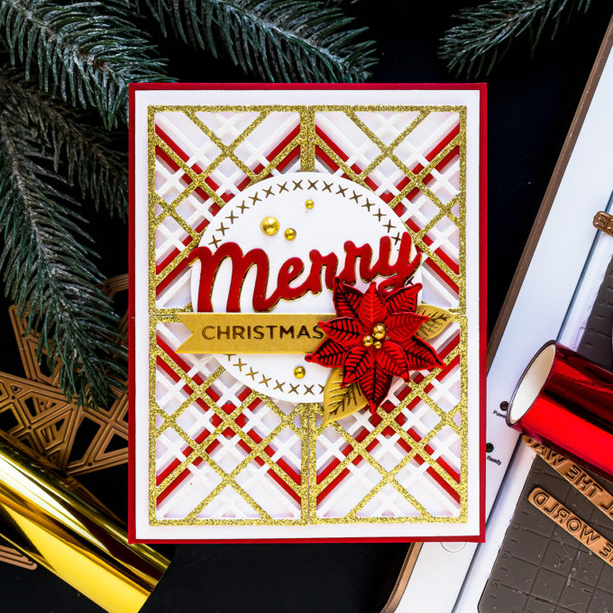 Spellbinders | It’s a Christmas Season – All About Plaid! Merry Christmas card by Yana Smakula featuring S4-1063 Kaleidoscope Plaid dies #Spellbinders #Cardmaking #NeverStopMaking #ChristmasCard #DieCutting #GlimmerHotFoilSystem