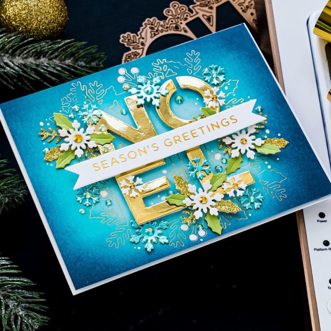 Foiled Christmas Greetings Card - Noel Season's Greetings Card by Yana Smakula featuring S4-1062 Festive Noel Etched Dies from Sparking Christmas Collection #cardmaking #Spellbinders #chritmascard 