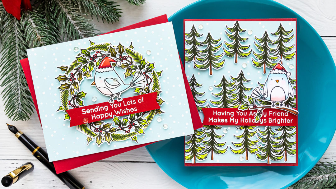 Handmade Christmas Cardinals Greeting Cards with MFT Stamps - Video Tutorial by Yana Smakula #mftstamps #cardmaking #christmascard