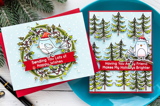 Handmade Christmas Cardinals Greeting Cards with MFT Stamps - Video Tutorial by Yana Smakula #mftstamps #cardmaking #christmascard
