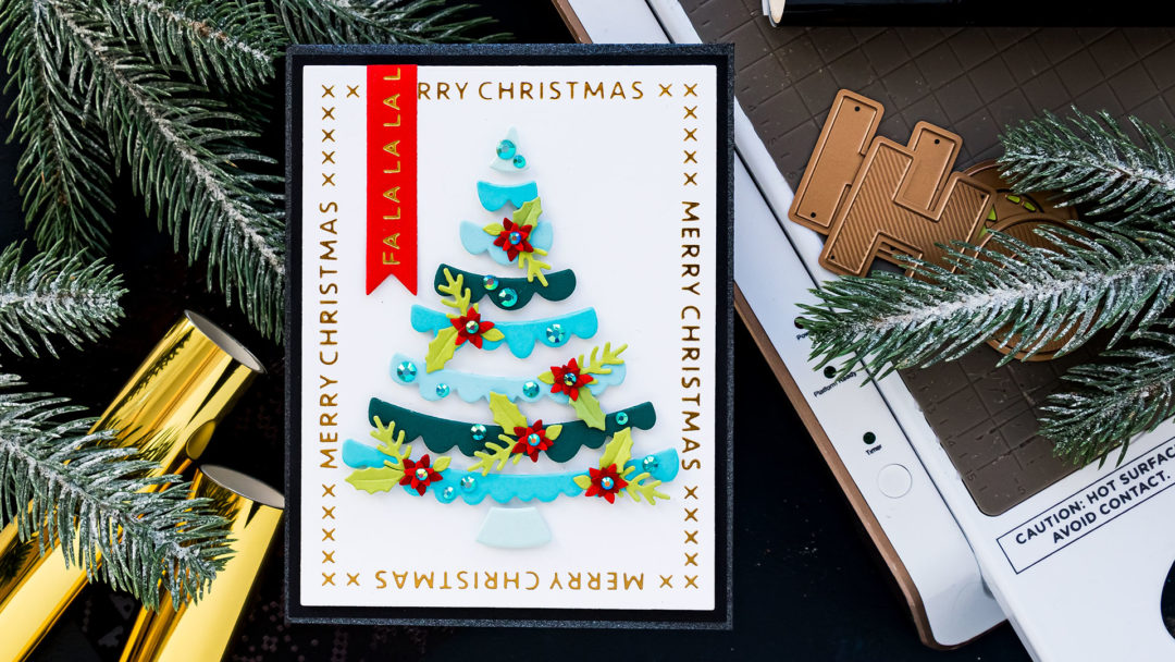 Spellbinders | Handmade Merry Christmas Card by Yana Smakula featuring die cutting and foiling with GLP-183 Christmas Essential Glimmer Rectangles, S3-399 Die D-Lites Joyful Christmas Tree #Spellbinders #NeverStopMaking #Cardmaking #ChristmasCard