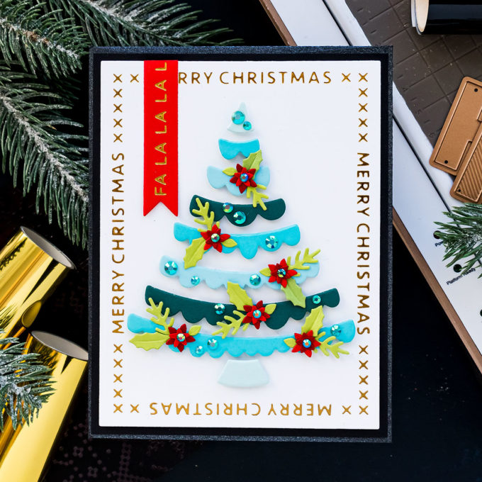 Spellbinders | Handmade Merry Christmas Card by Yana Smakula featuring die cutting and foiling with GLP-183 Christmas Essential Glimmer Rectangles, S3-399 Die D-Lites Joyful Christmas Tree #Spellbinders #NeverStopMaking #Cardmaking #ChristmasCard