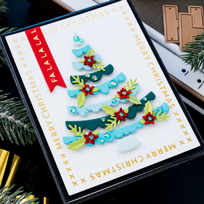 Spellbinders | Handmade Merry Christmas Card by Yana Smakula featuring die cutting and foiling with GLP-183 Christmas Essential Glimmer Rectangles, S3-399 Die D-Lites Joyful Christmas Tree #Spellbinders #NeverStopMaking #Cardmaking #ChristmasCard