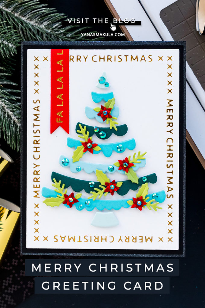 Spellbinders | Handmade Merry Christmas Card by Yana Smakula featuring die cutting and foiling with GLP-183 Christmas Essential Glimmer Rectangles, S3-399 Die D-Lites Joyful Christmas Tree #Spellbinders #NeverStopMaking #Cardmaking #ChristmasCard