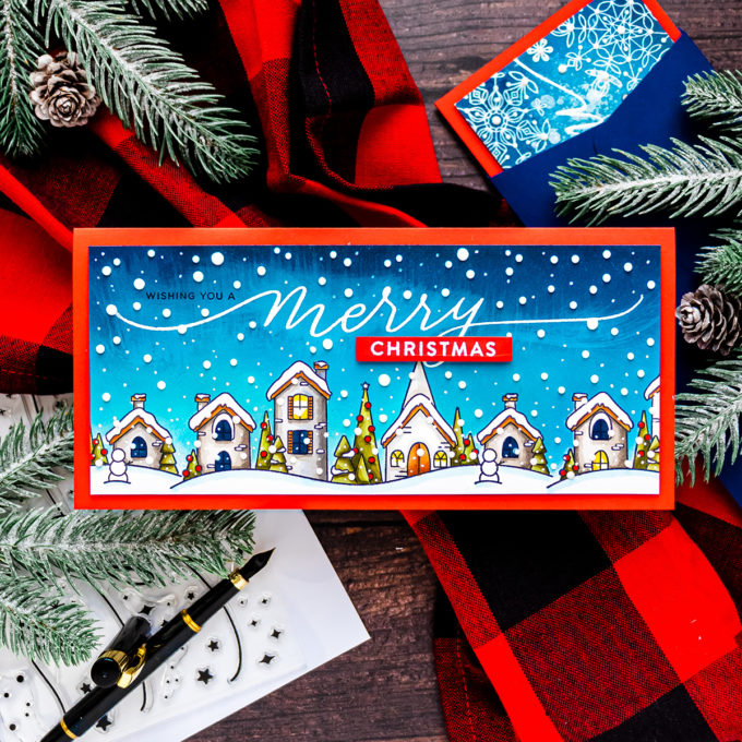 Simon Says Stamp | Slimline Christmas Village Greeting Card