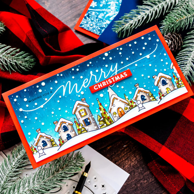 Simon Says Stamp | Slimline Christmas Village Greeting Card