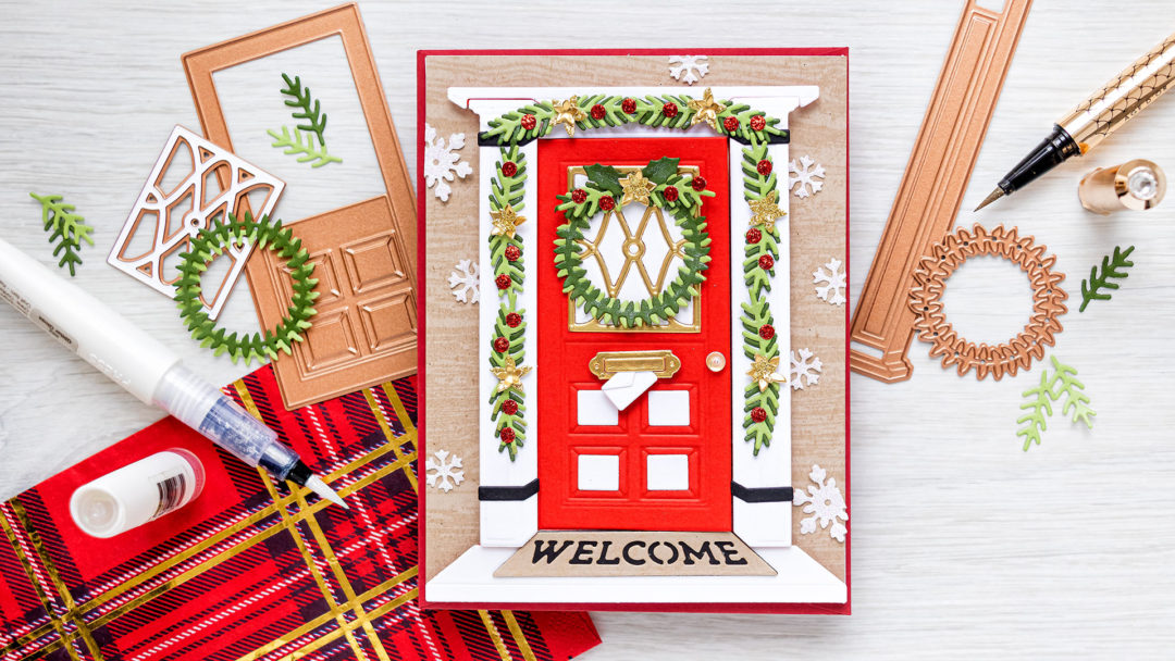 Spellbinders | Christmas Door Greeting Card with October 2020 Large Die of the Month. Video tutorial by Yana Smakula #Spellbinders #NeverStopMaking #SpellbindersClubKits #DieCutting