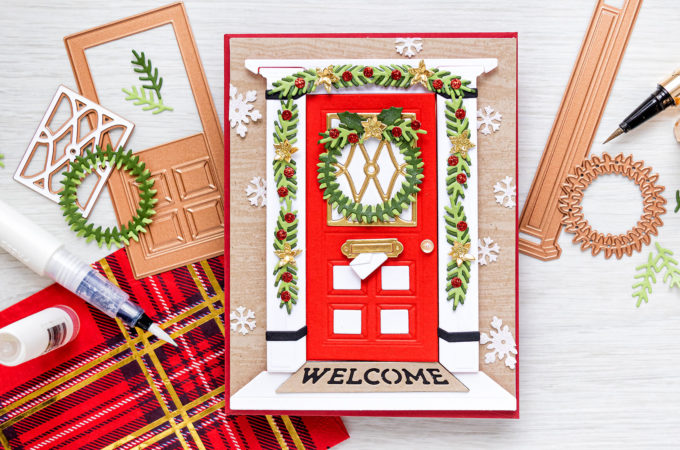 Spellbinders | Christmas Door Greeting Card with October 2020 Large Die of the Month. Video tutorial by Yana Smakula #Spellbinders #NeverStopMaking #SpellbindersClubKits #DieCutting