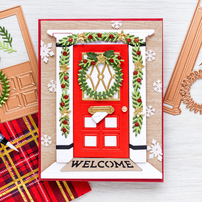 Spellbinders | Christmas Door Greeting Card with October 2020 Large Die of the Month. Video tutorial by Yana Smakula #Spellbinders #NeverStopMaking #SpellbindersClubKits #DieCutting