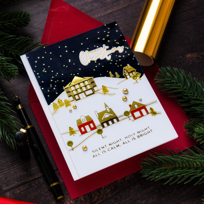 Spellbinders | Foiled Christmas Village Greeting Card by Yana Smakula #Spellbinders #GlimmerHotFloilSystem #Cardmaking