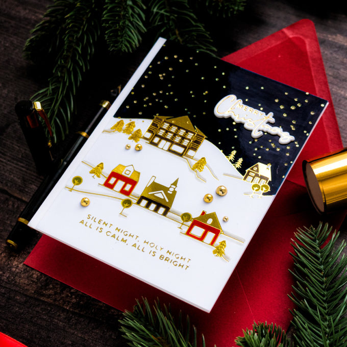 Spellbinders | Foiled Christmas Village Greeting Card by Yana Smakula #Spellbinders #GlimmerHotFloilSystem #Cardmaking