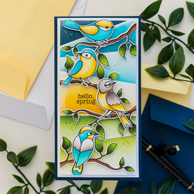 Simon Sß√ays Stamp | Hello Beautiful Release - Spring Birds Mini Slimline Card by Yana Smakula #cardmaking #stamping #simonsaysstamp