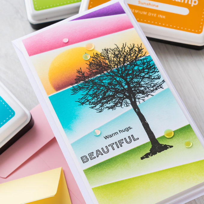 Simon Says Stamp | Angled Ink Blending | Video tutorial featuring ALL SEASONS TREE sss302265, SLIMLINE SCENE BUILDER ssst121496, A2 MASKS ssst121492 #simonsaysstamp #cardmaking #inkblending