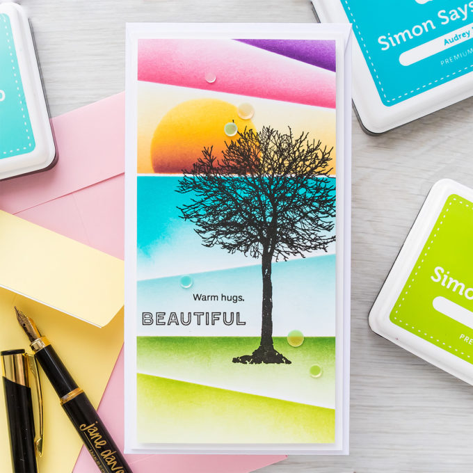 Simon Says Stamp | Angled Ink Blending | Video tutorial featuring ALL SEASONS TREE sss302265, SLIMLINE SCENE BUILDER ssst121496, A2 MASKS ssst121492 #simonsaysstamp #cardmaking #inkblending