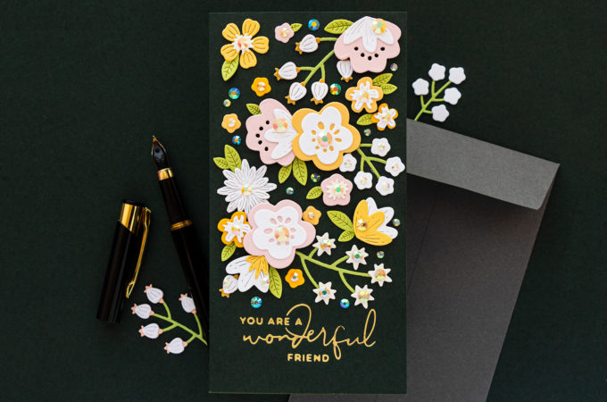 Handmade Mini Slimline Floral Friendship Card with Spellbinders floral dies and foiled sentiment #cardmaking #handmadecard #cardmakingideas