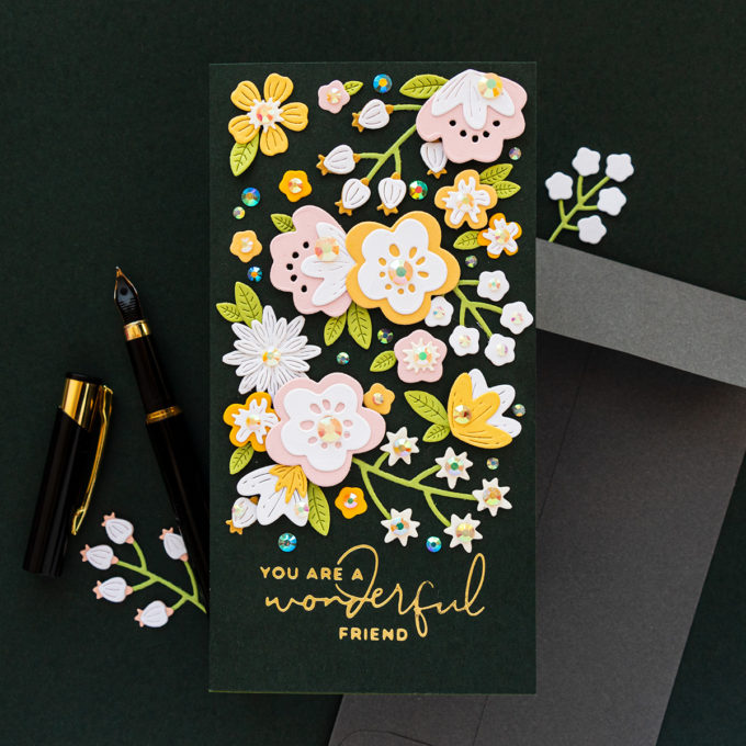 Handmade Mini Slimline Floral Friendship Card with Spellbinders floral dies and foiled sentiment #cardmaking #handmadecard #cardmakingideas