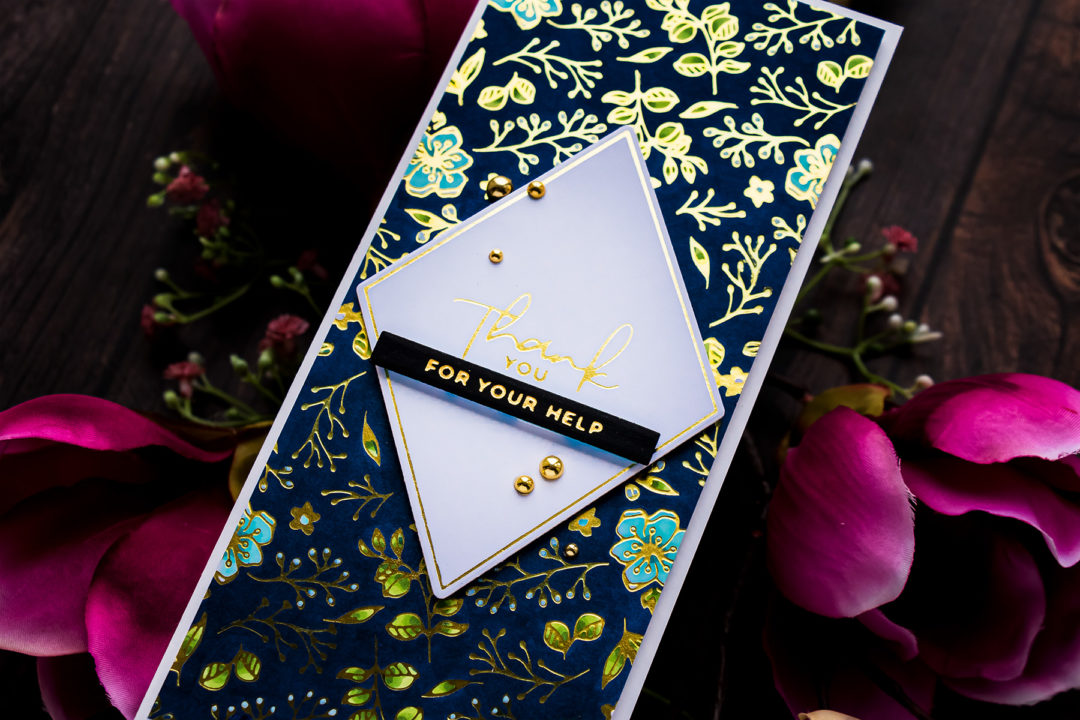 Spellbinders | Yana's Blooming Birthday Collection - Slimline Foiled Thank You Card by Yana Smakula #Spellbinders #Cardmaking #GlimmerHotFoilSystem #Slimline