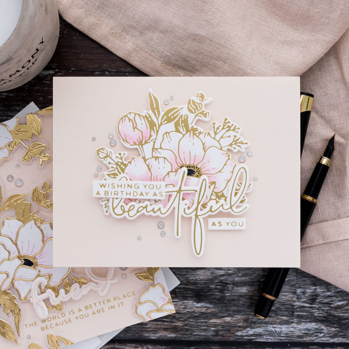 Spellbinders Anemone Blooms Collection by Yana Smakula | Hello, Friend Sentiments Glimmer Hot Foil Plate GLP-356