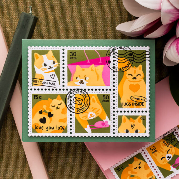 Ink Blended Postage Collage Cards Featuring Waffle Flower Peony & Meow Stencils. Video