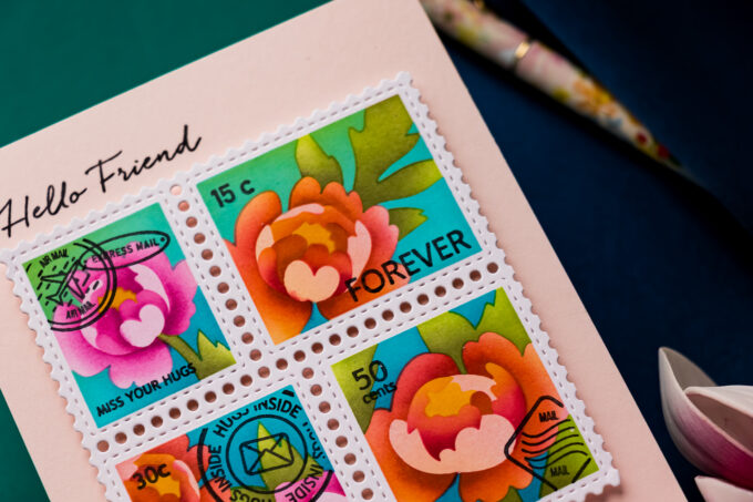 Ink Blended Postage Collage Cards Featuring Waffle Flower Peony & Meow Stencils. Video