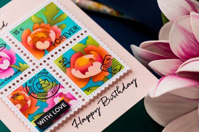 Ink Blended Postage Collage Cards Featuring Waffle Flower Peony & Meow Stencils. Video
