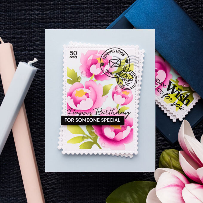 Ink Blended Postage Collage Cards Featuring Waffle Flower Peony & Meow Stencils. Video
