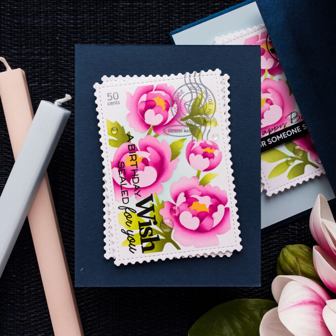Ink Blended Postage Collage Cards Featuring Waffle Flower Peony & Meow Stencils. Video