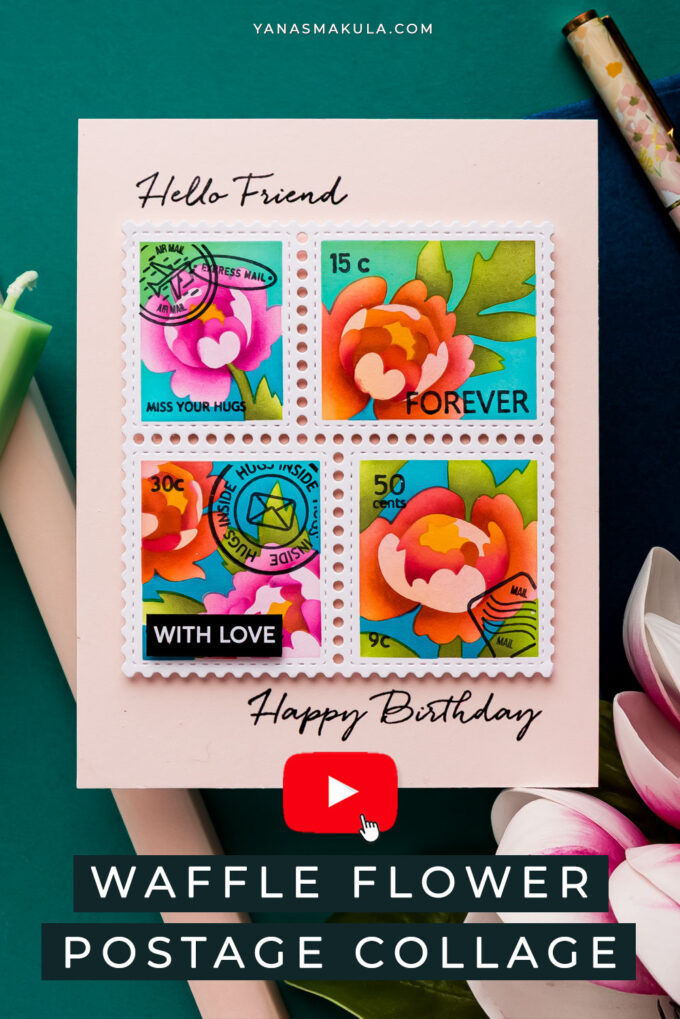 Ink Blended Postage Collage Cards Featuring Waffle Flower Peony & Meow Stencils. Video