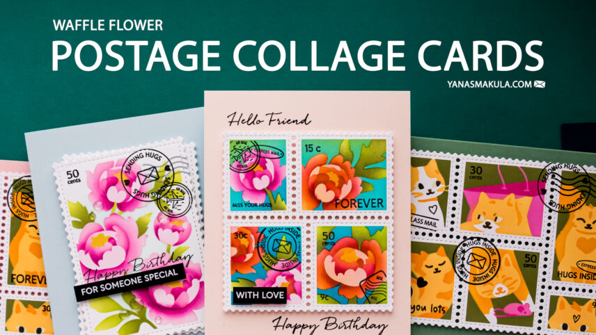 Ink Blended Postage Collage Cards Featuring Waffle Flower Peony & Meow Stencils. Video
