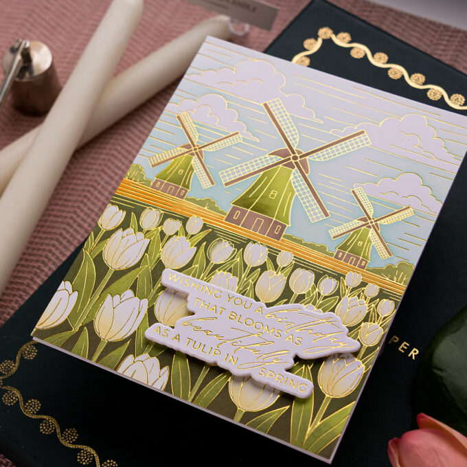Windmills and Tulips Card with BetterPress and Stencils | Spellbinders Yana’s Tulips Collection