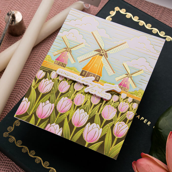 Windmills and Tulips Card with BetterPress and Stencils | Spellbinders Yana’s Tulips Collection