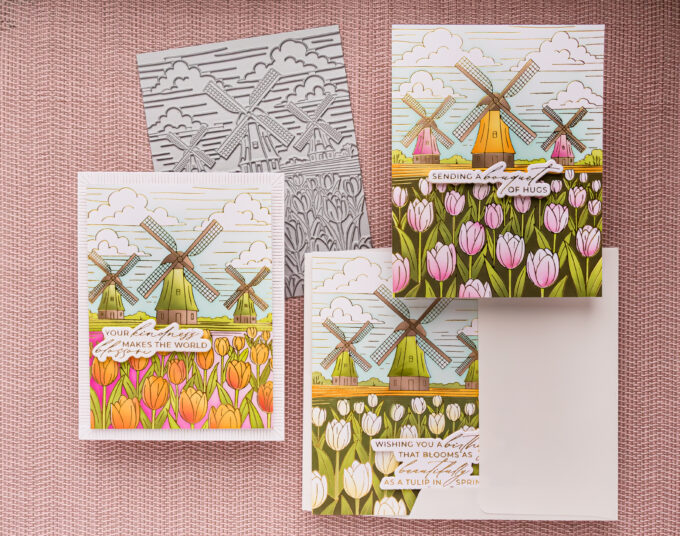 Windmills and Tulips Card with BetterPress and Stencils | Spellbinders Yana’s Tulips Collection