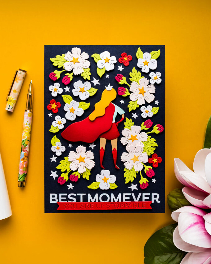 Spellbinders Club Kits Mother’s Day Card – Super Mom Die, Hot Foiling & Floral Background. Video