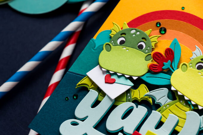 Free Die Set! Party Time Dragon Birthday Card with a Colorful Sunset Background. Video